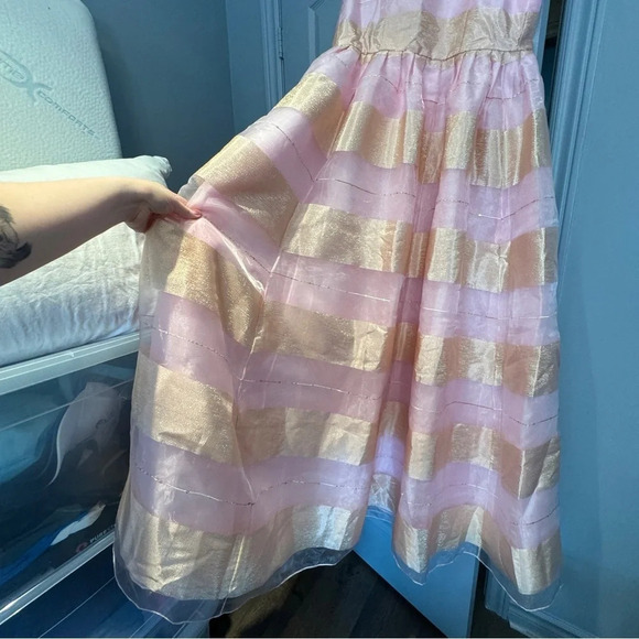 Show Me‎ Your Mumu Pink Gold  Stripe Organza Princess Dress Lace Up Flouncy O/S - Picture 6 of 14